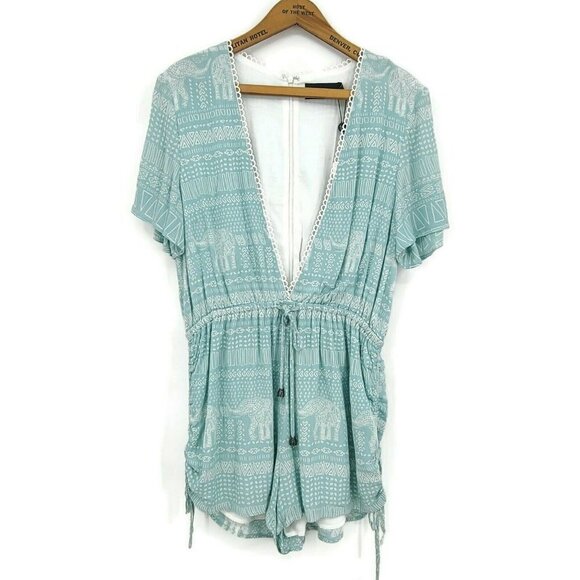 New Minkpink Getaway Drawstring Playsuit Womens M Aqua Romper V Neck - Picture 2 of 7
